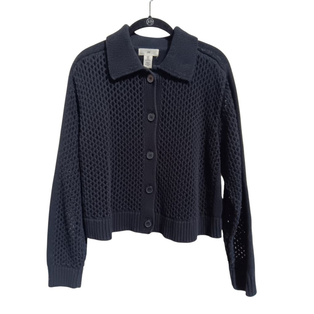 H&M Knitted Mesh Polo Button Front Cardigan in Black - Picture 3 of 9